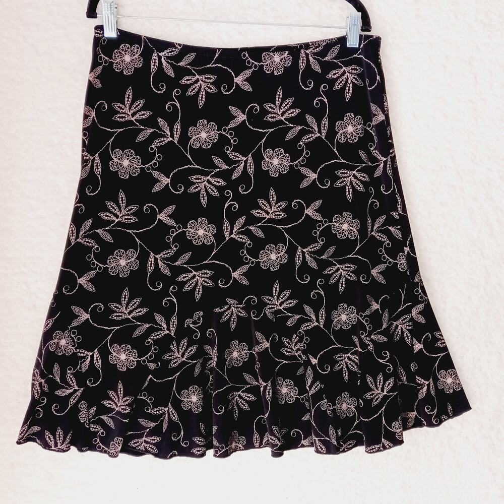 Skirt Knee Flare Brown Tan Floral Vines JK LA California Elastic Waist Size M
